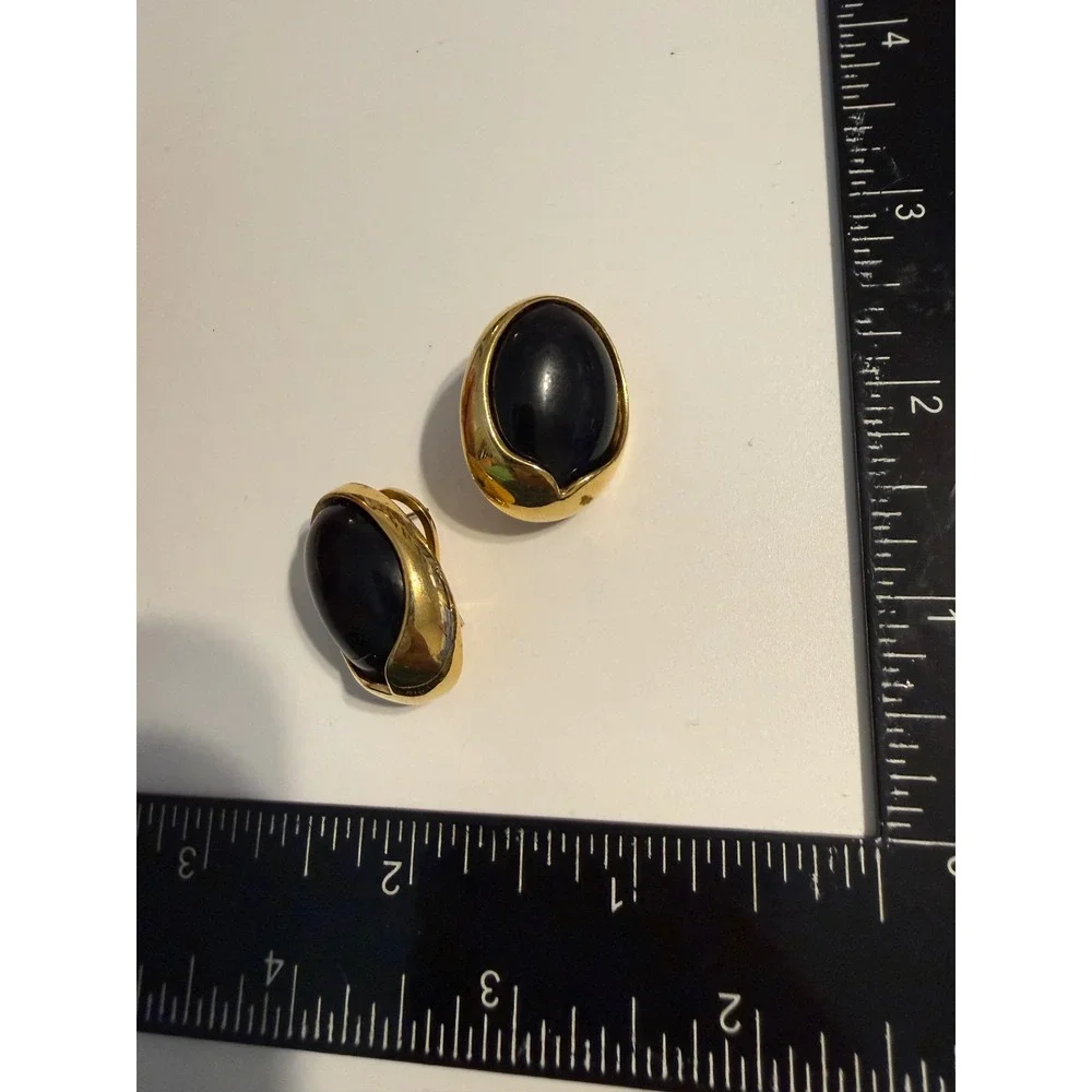 Vintage Gold Tone Black Cabochon Oval Omega Back Post Earrings Statement Jewelry
